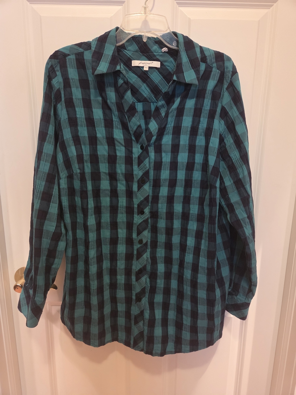Foxcroft Teal and Black Plaid Button-Down Shirt